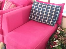 Red fabric sofa, love seat, armchair and ottoman. Light and clean.