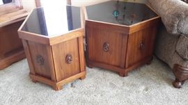 Hand made MCM end tables with black glass top.