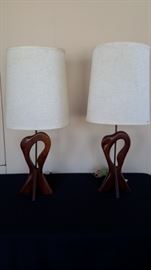 Two hand made MCM wood lamps.