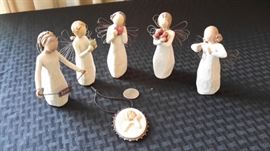 Willow Tree figurines. From L to R: "Peace and Joy Throughout the year 2009", "Angel of the Kitchen", "Angel of the Heart", "Good Health", "Peace and Joy Throughout the year 2008", and "Keeping You Close in My Thoughts" ornament.