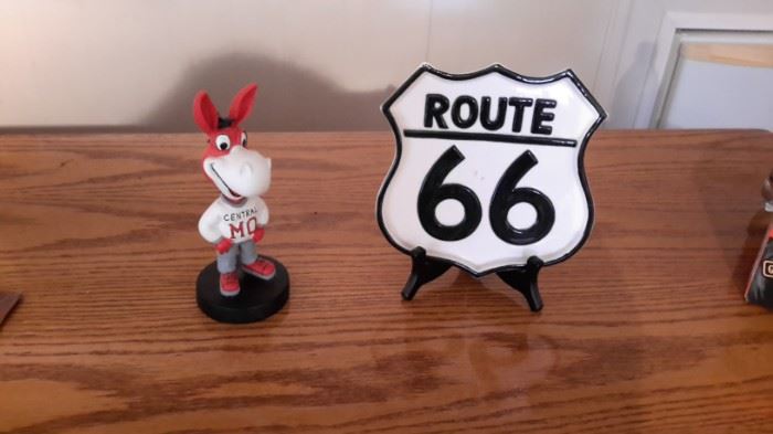 Fitz & Floyd Route 66 ceramic piece, and Central MO bobble head