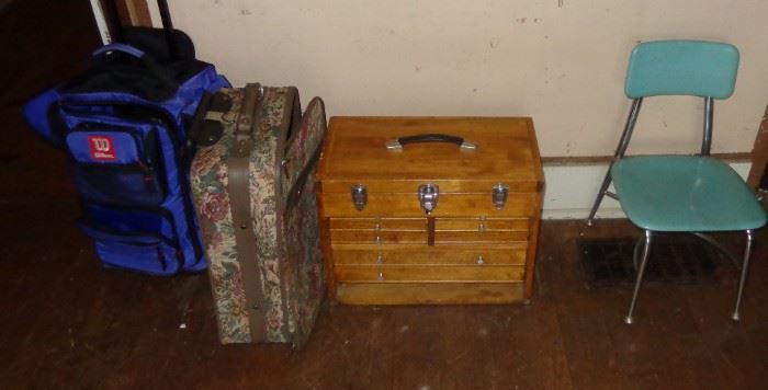 Luggage, wood tool box, Vintage child seat