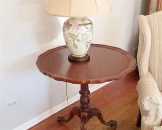 Folding pie crust table. Frederick Cooper lamp