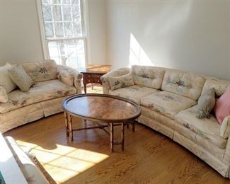 Kay-Lyn sofa and loveseat.  Traditional end table. Hickory copper top coffee table