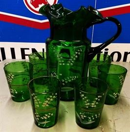 Vintage Handpainted Green Glass Pitcher with 6 Tumblers