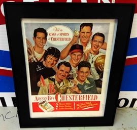 Vintage Chesterfield Cigarette Advertisement featuring Sports Figures- Bobby Riggs, Stan Musial, Sid Luckman, among others