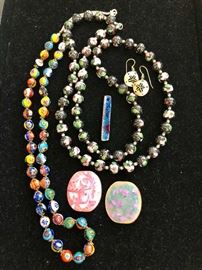 Italian and Chinese cloisonné beaded necklaces, signed “Inga” enamel pins