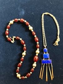 Cherry amber necklace, lapiz pendant on chain