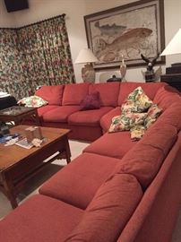 Sectional Sofa Rust Color, Coffee Table, Lamps, Rattan End Tables