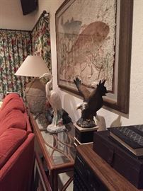 Rattan Sofa Table, Lamp, Sculpted Egret, Eagle