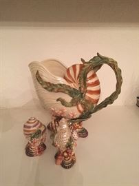 Fitz & Floyd Seashell Pitcher, Salt & Pepper Shakers