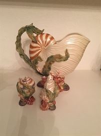 Fitz & Floyd Seashell Pitcher, Salt & Pepper Shakers