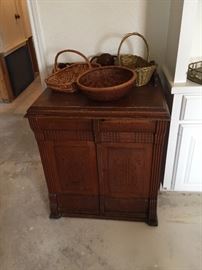Antique Treadle Sewing Machine Cabinet, Assorted Baskets