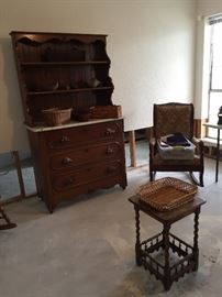 German Marble Top Hutch, Assorted Baskets, Antique Rocking Chair, Barley Twist Table