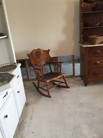 Antique Rocking Chair, German Marble Top Hutch