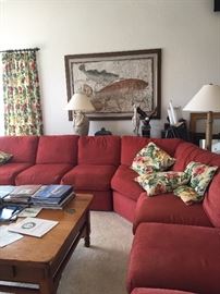 Sectional Sofa Rust Color, Coffee Table, Lamps, Rattan End Tables