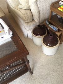 Crock Jugs, Woven Cane Back End Table, Oversized Chair with Ottoman