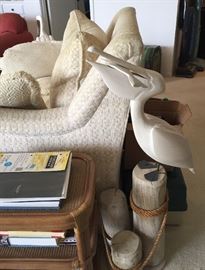 Oversized Chair with Ottoman, Sculpted Pelican on Deck Pedestal, Rattan End Table