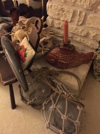 Antique Labor & Delivery Stool, Japanese Floaters with Manila Rope, Terra Cotta Fish, Assorted Seashells Large Variety of Starfish