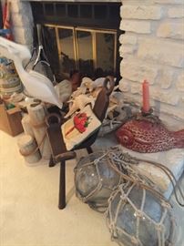 Antique Labor & Delivery Stool, Japanese Floaters with Manila Rope, Terra Cotta Fish, Assorted Seashells Large Variety of Starfish, Sculpted Pelican