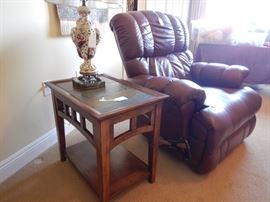 LEATHER RECLINER AND SIDE TABLE