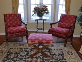 Pair of Ethan Allen open arm chairs and matching ottoman