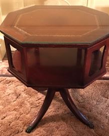 1940’s Duncan Phyfe 2 tier Mahogany drum table w fitted glass top