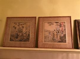2 Vintage Asian Watercolor w Bamboo frame/Rice paper matting very collectible