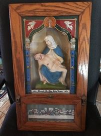 Vintage Catholic Viaticum wall altar w Holy water bottle and Priest serving scarf