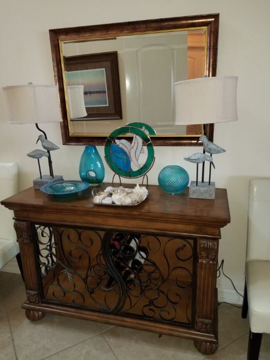 Iron door buffet console cabinet, Nautical items and glassware