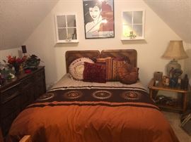 pretty silk bedding and throw pillows. 80's Patrick Nagel type art