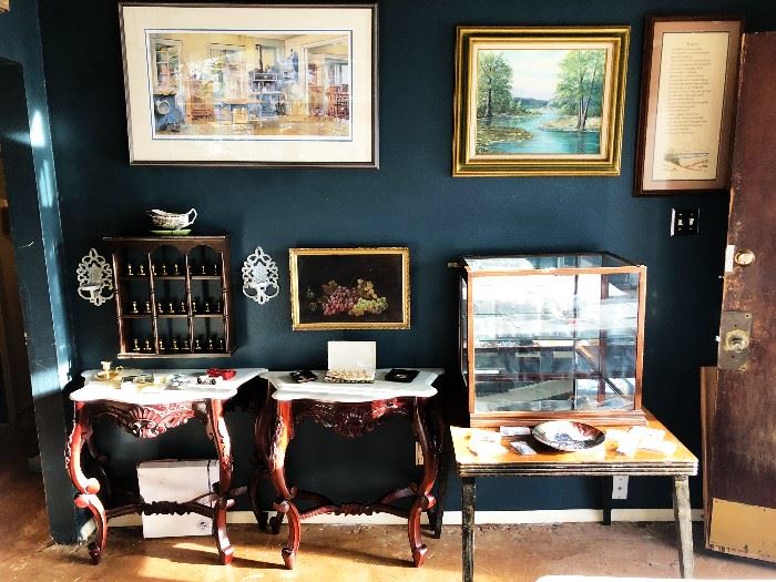 Antique marble end tables, rare art, antique glass curio cabinet