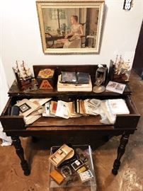 Antique desk, vintage and antique paper goods