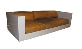 The "Saratoga" sofa by Massimo Vignelli - clean modern white lacquered 3 seat sofa 1970's with reupholstered camel     leather cushions pillows (assembly required) 84" wide for polrronova 1968.  Italy