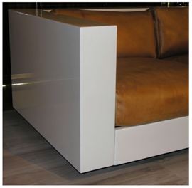 The "Saratoga" sofa by Massimo Vignelli - clean modern white lacquered 3 seat sofa 1970's with reupholstered camel     leather cushions pillows (assembly required) 84" wide for polrronova 1968.  Italy