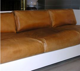 The "Saratoga" sofa by Massimo Vignelli - clean modern white lacquered 3 seat sofa 1970's with reupholstered camel     leather cushions pillows (assembly required) 84" wide for polrronova 1968.  Italy