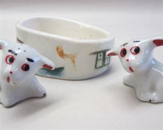 PORCELAIN DOG SHAKERS AND A OLD BOWL