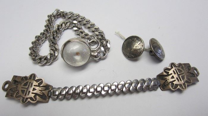 PIN, WATCH, AND PAIR OF STERLING SCREW BACK EARRINGS

