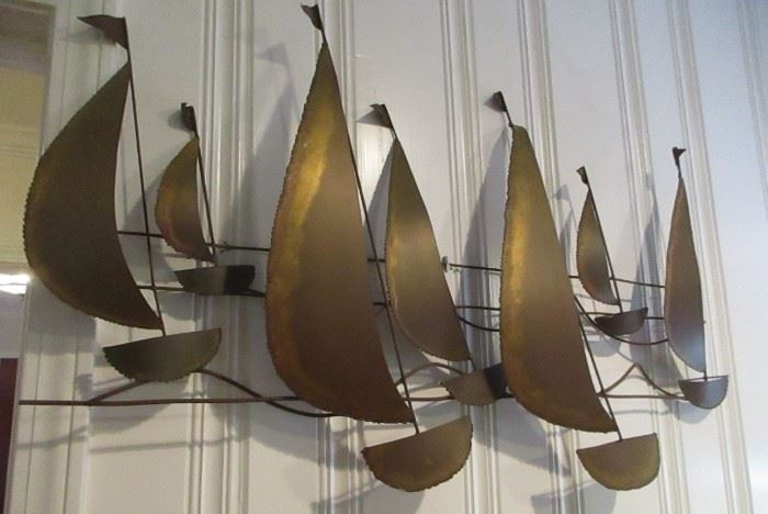 mid-century metal sail boat sculpture