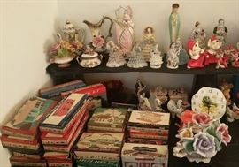 Plasticville kits, Capidomonte pieces, vintage figurines