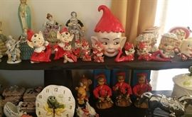Pixie elf porcelain Christmas figurines, Pixie COOKIE JAR!, Sears Neil the Frog clock