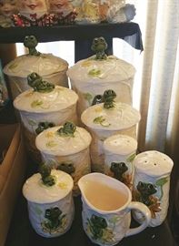 Neil the Frog canister set, cream and sugar, salt and pepper