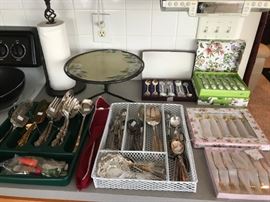 Mini serving spoons, forks and silverplate servingware