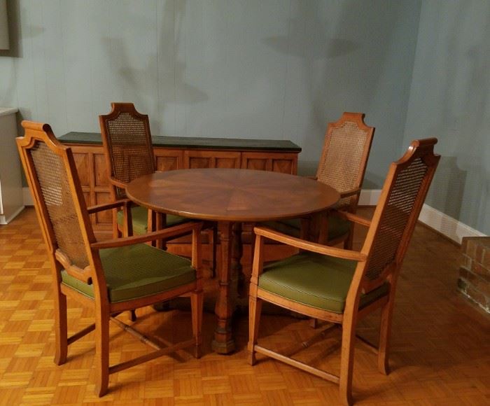 Henredon table with 2 leaves, 4 chairs and slate top credenza