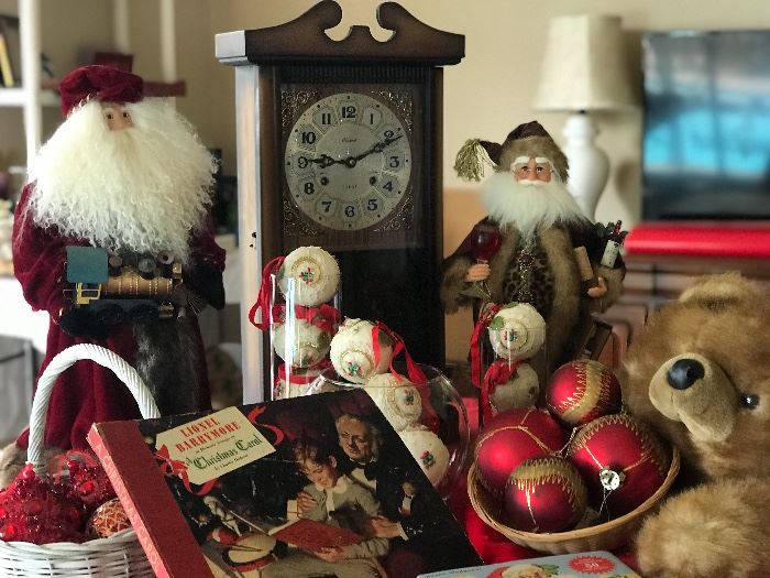Beautiful clock, large Santas, ornaments, old Lionel Barrymore "A Christmas Carol" Record set