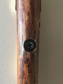 Unique hand carved morel walking stick with compass