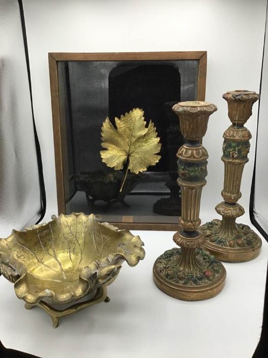 Brass Leaf Bowl with Candlesticks and Framed Grape Leaf     https://ctbids.com/#!/description/share/108184