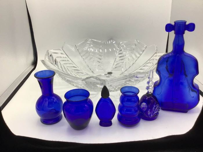 Lead Crystal Bowl, 5 Blue Glass Vases/Bottles & 1 Bell https://ctbids.com/#!/description/share/108217