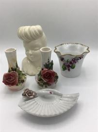 Head Vase with Capa di Monte Vases and Hand/Fan Pin Tray         https://ctbids.com/#!/description/share/105502