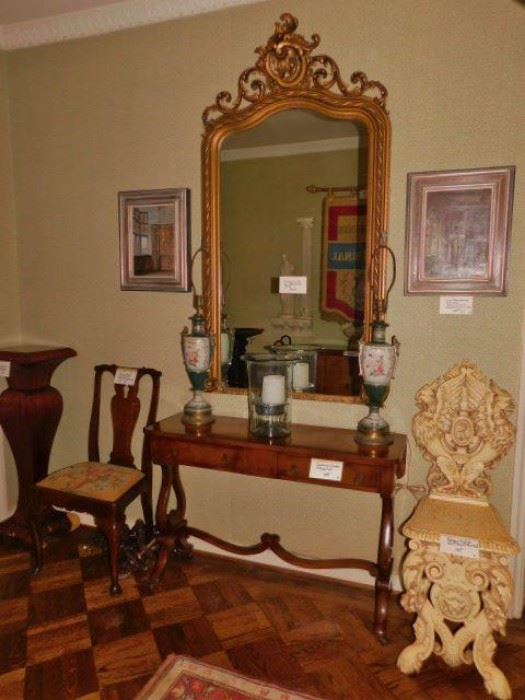 Mirror, console, antique ornate English hall chair